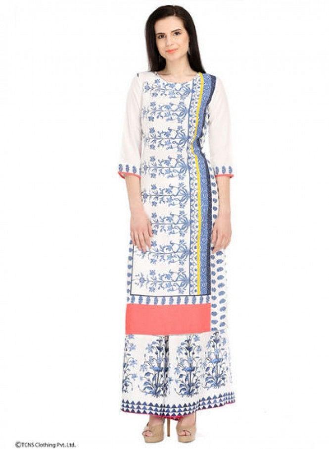 White Printed 3/4 Sleeve kurta - wforwoman