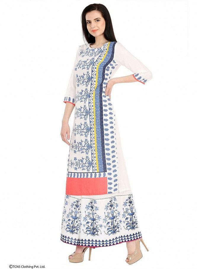 White Printed 3/4 Sleeve kurta - wforwoman