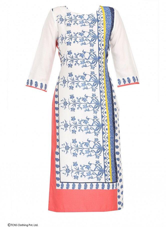 White Printed 3/4 Sleeve kurta - wforwoman