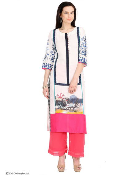 White Printed 3/4 Sleeve kurta