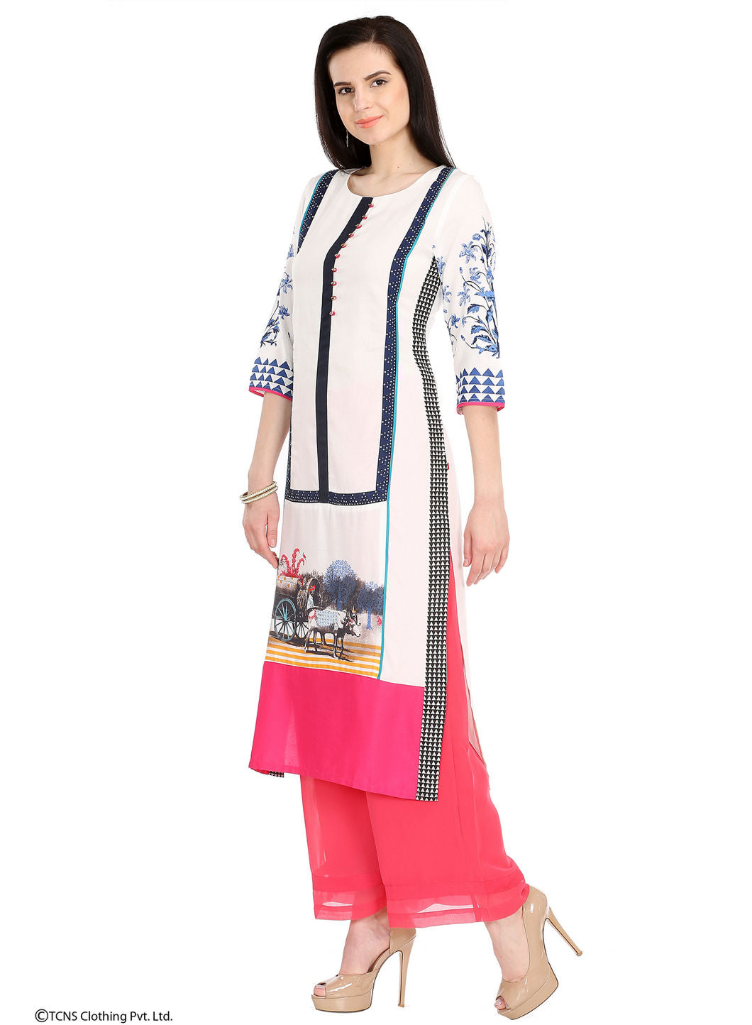 White Printed 3/4 Sleeve kurta