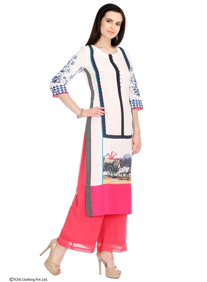 White Printed 3/4 Sleeve kurta