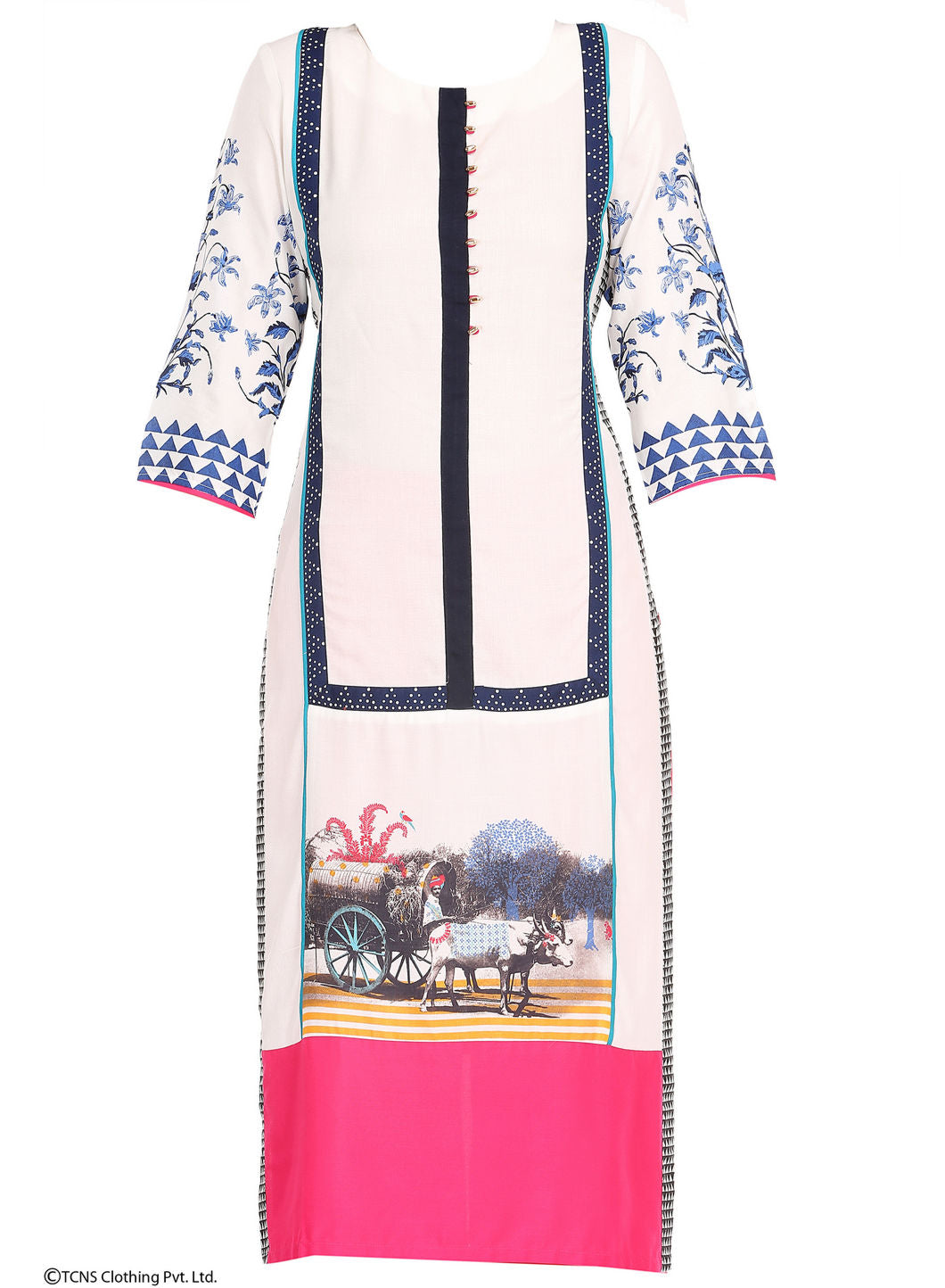 White Printed 3/4 Sleeve kurta