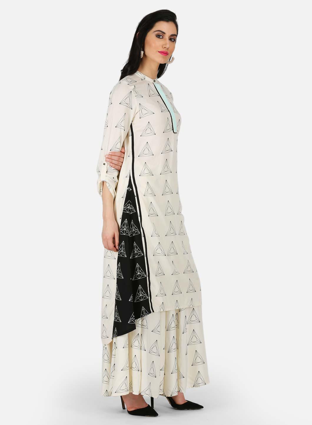 Off-White Mandarin Neck Triangular Print kurta - wforwoman