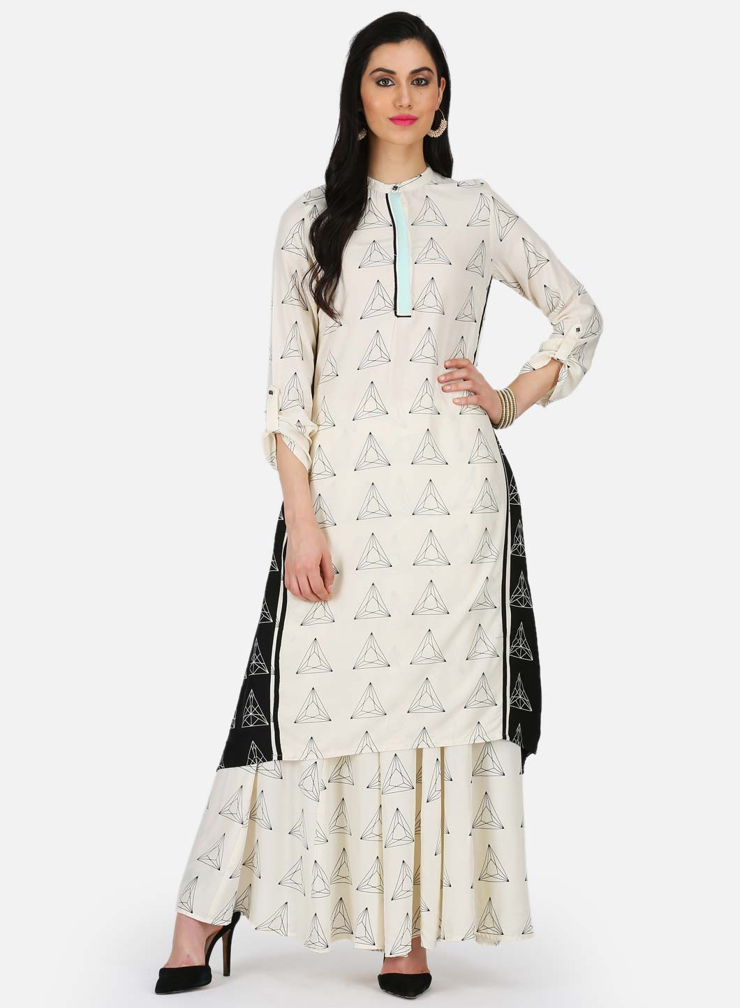 Off-White Mandarin Neck Printed kurta