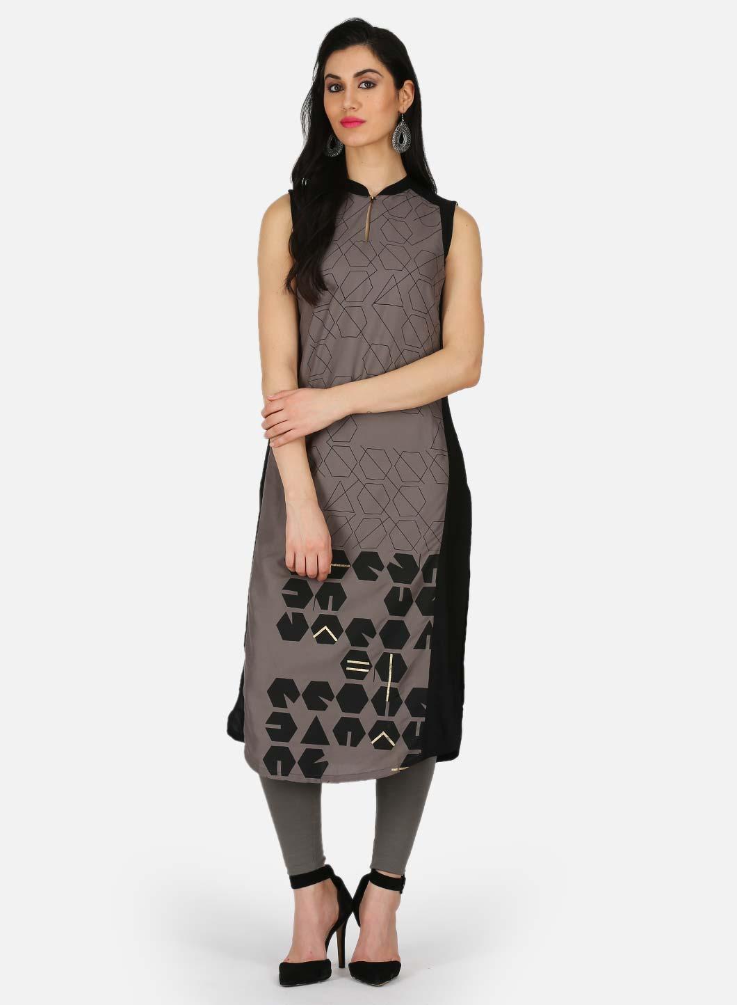 Grey Printed Mandarin Neck kurta - wforwoman