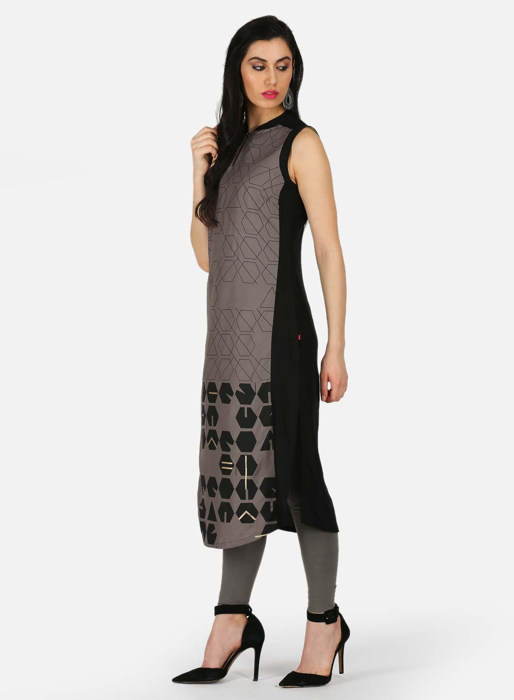 Grey Printed Mandarin Neck kurta - wforwoman