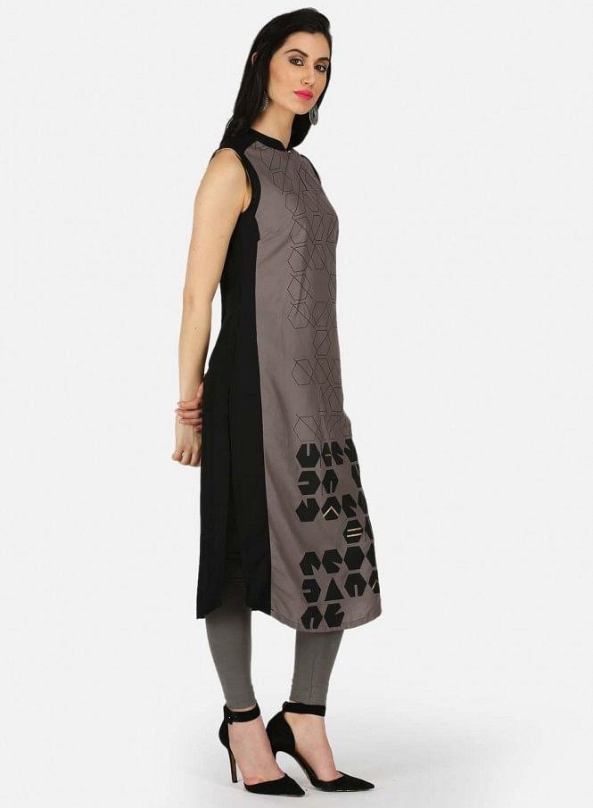 Grey Printed Mandarin Neck kurta - wforwoman