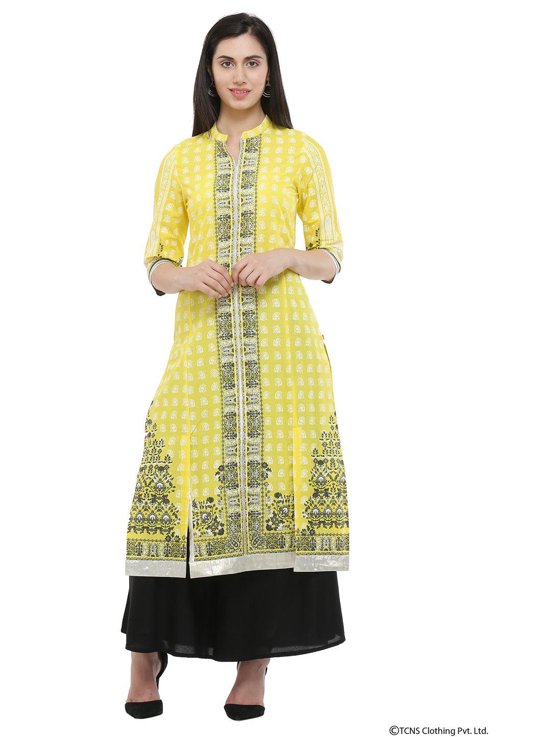 Yellow Mandarin Neck kurta - wforwoman