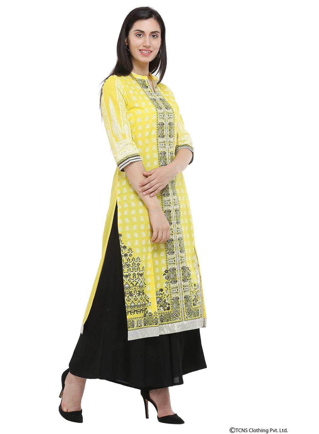 Yellow Mandarin Neck kurta - wforwoman