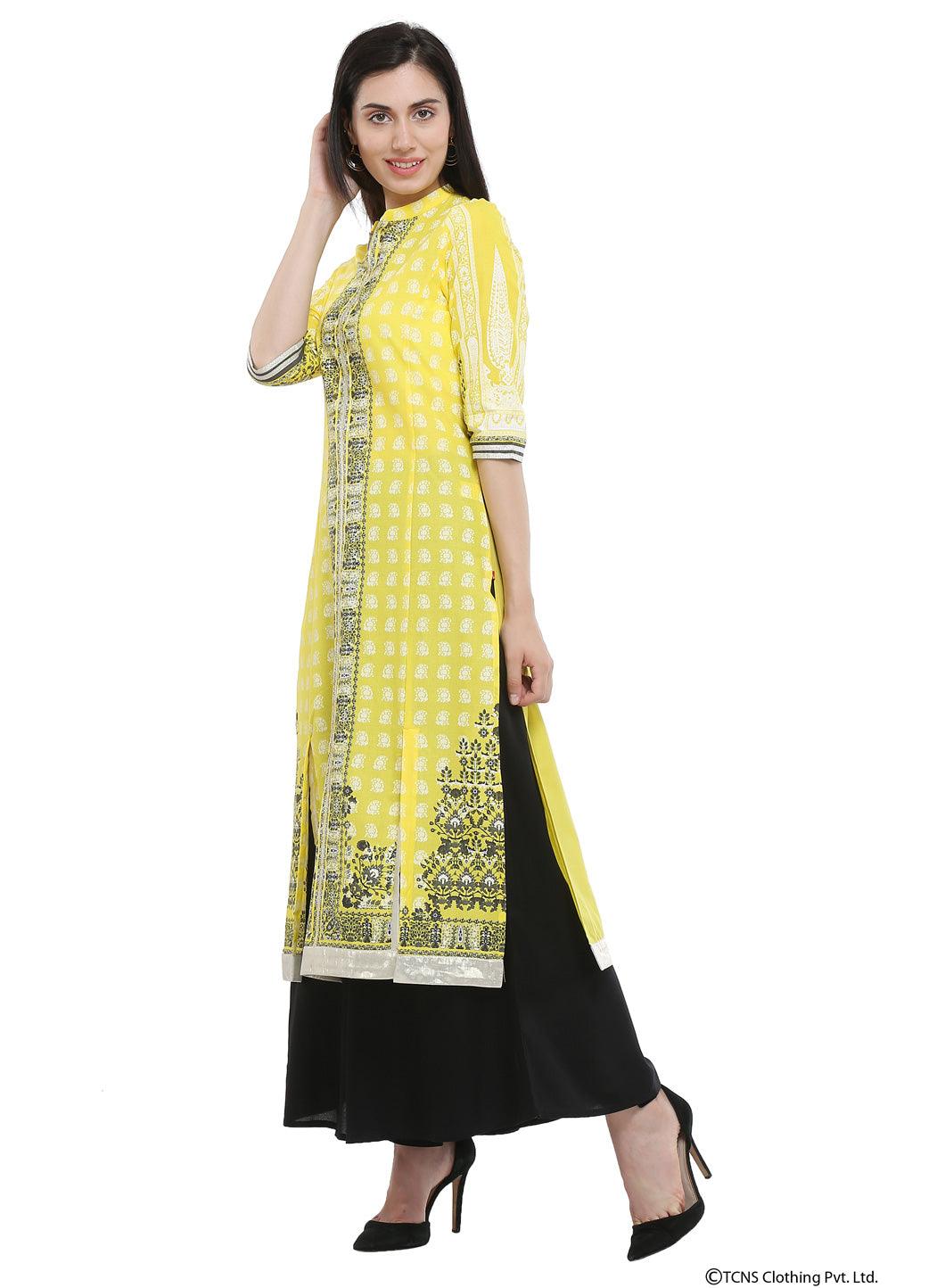 Yellow Mandarin Neck kurta - wforwoman