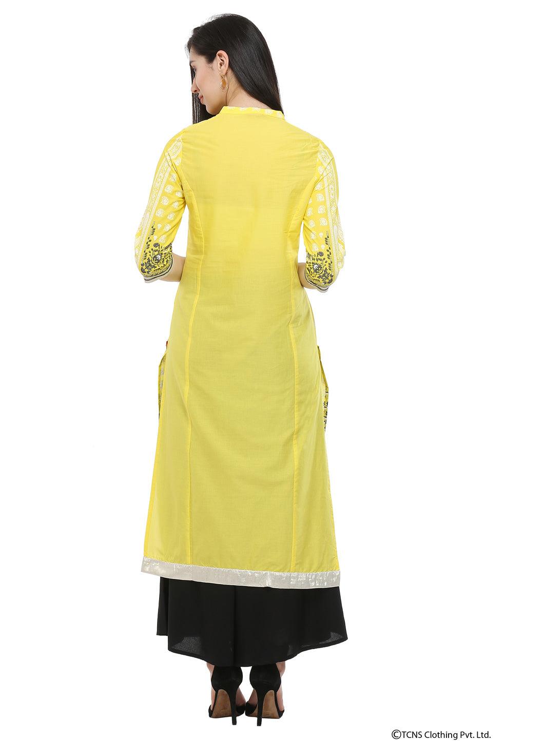 Yellow Mandarin Neck kurta - wforwoman