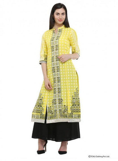 Yellow Mandarin Neck kurta - wforwoman