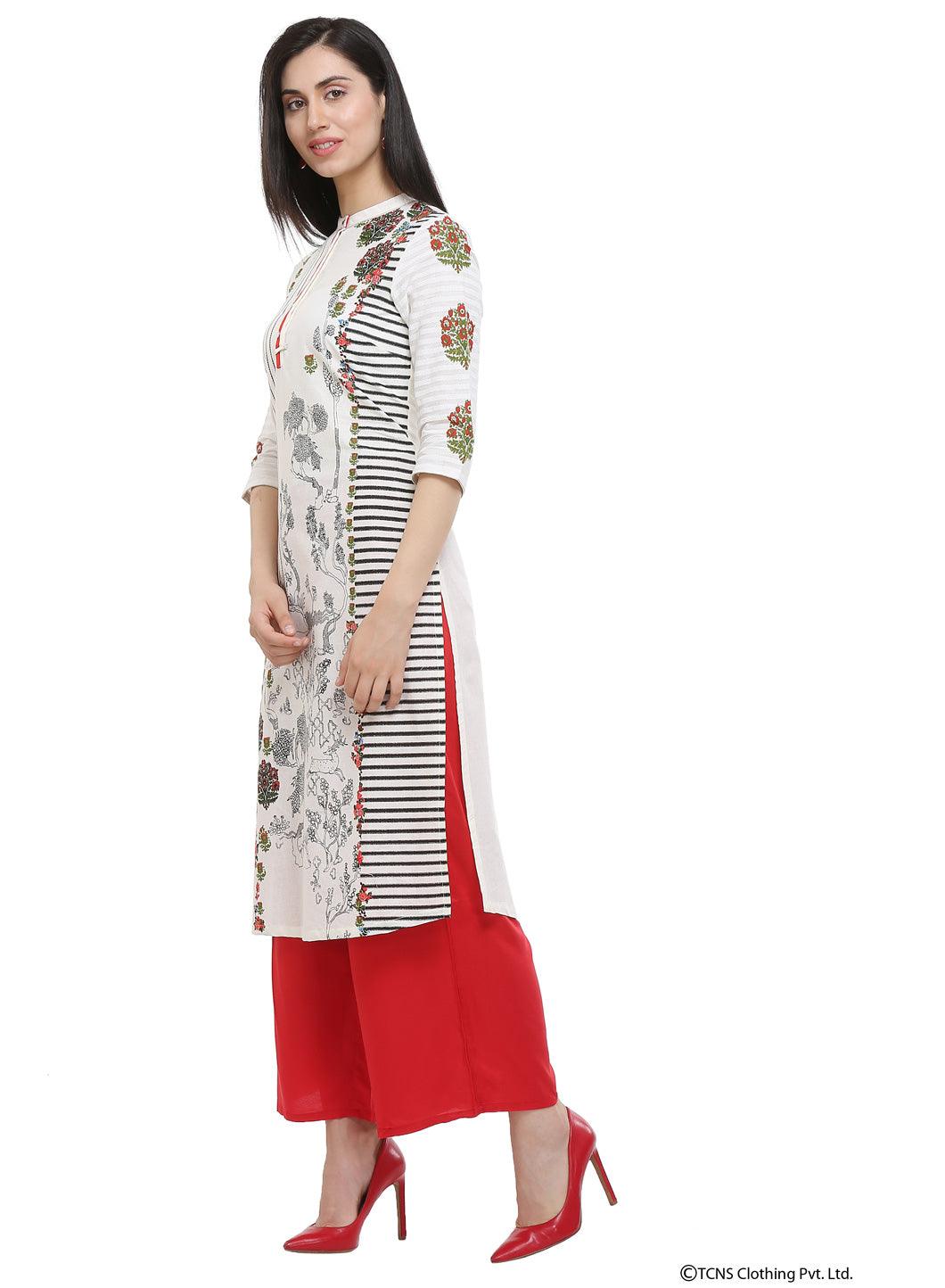 White Mandarin Neck kurta - wforwoman