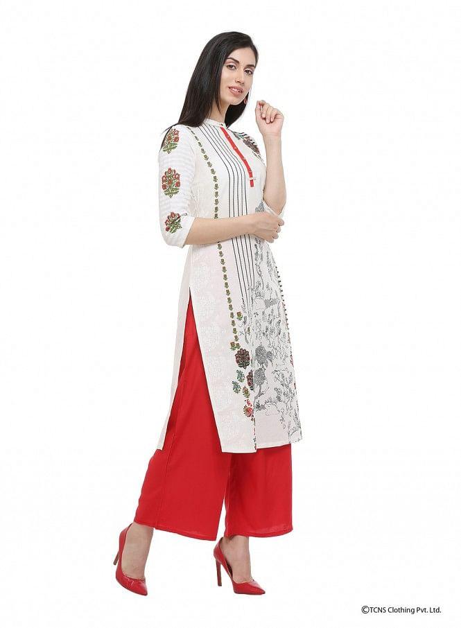 White Mandarin Neck kurta - wforwoman