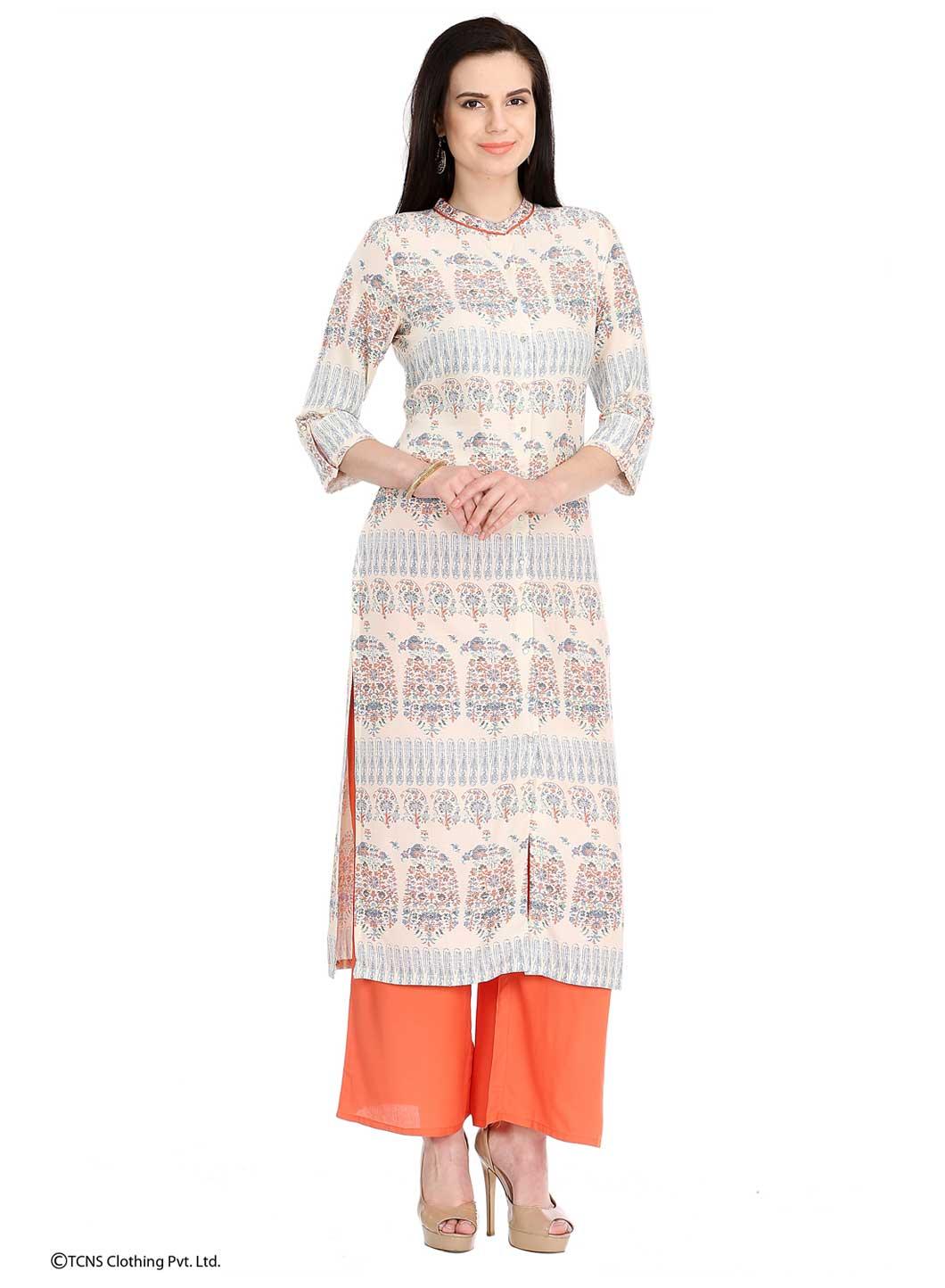 Beige Printed 3/4 Sleeve kurta - wforwoman