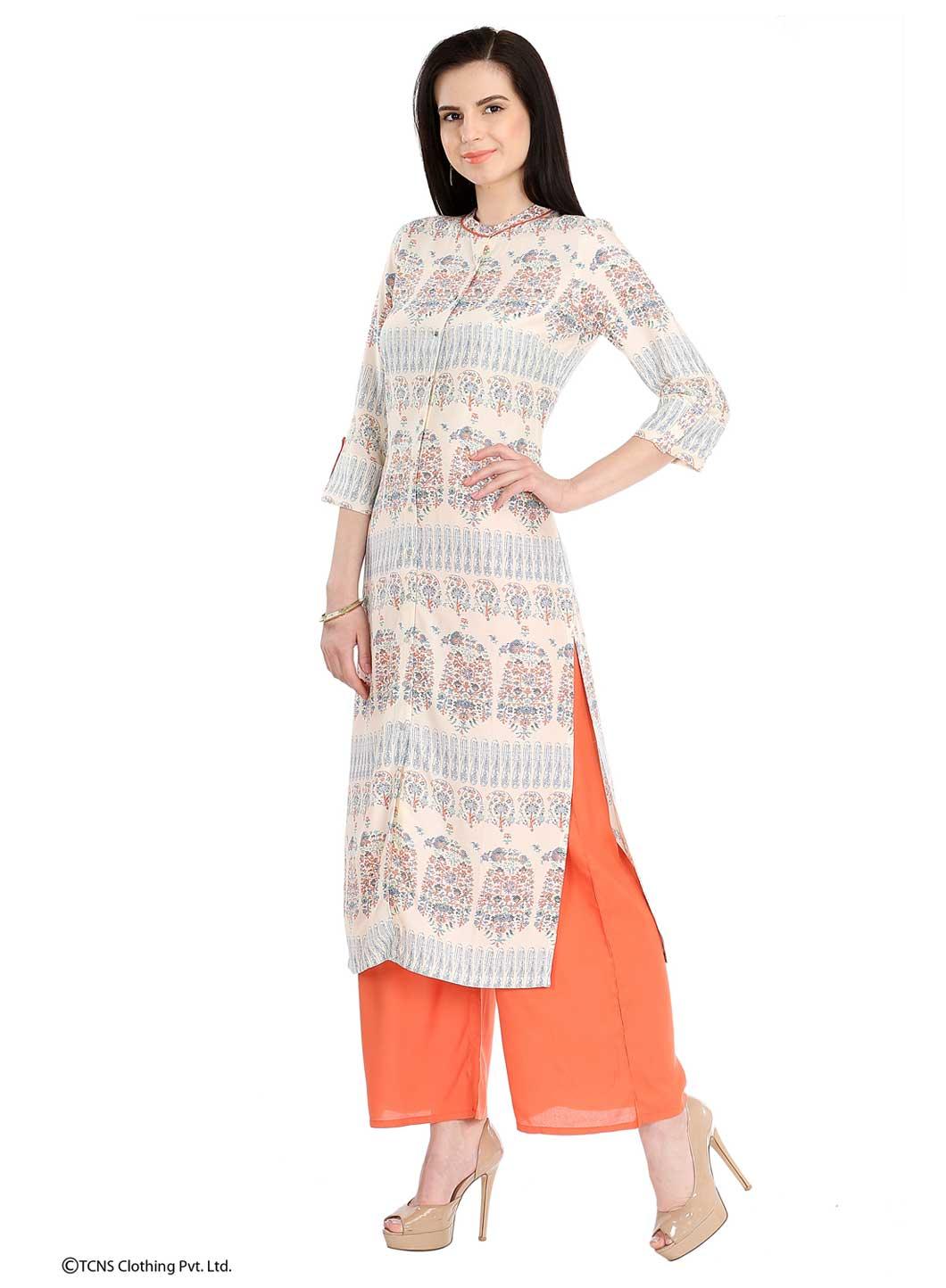 Beige Printed 3/4 Sleeve kurta - wforwoman