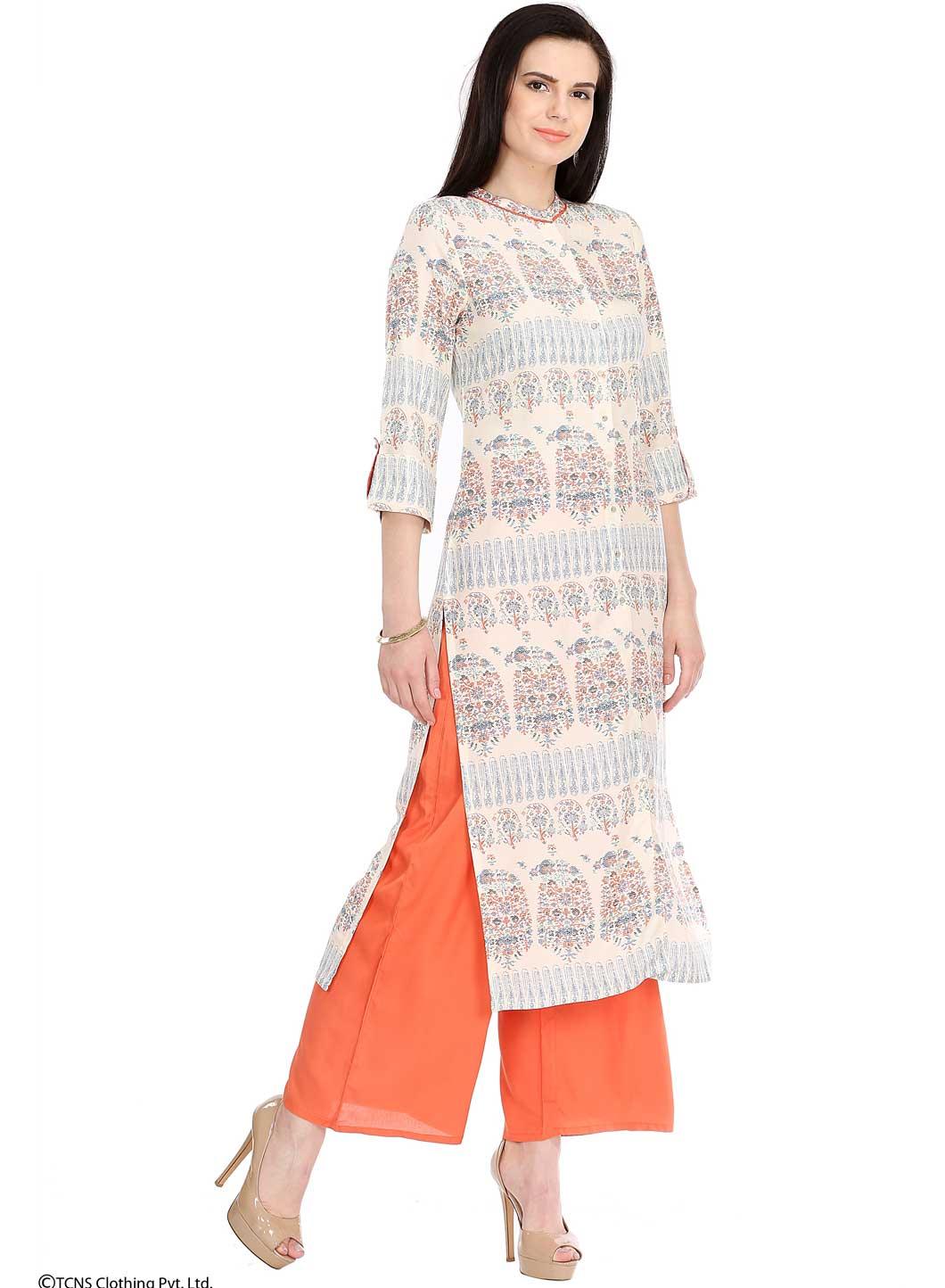 Beige Printed 3/4 Sleeve kurta - wforwoman