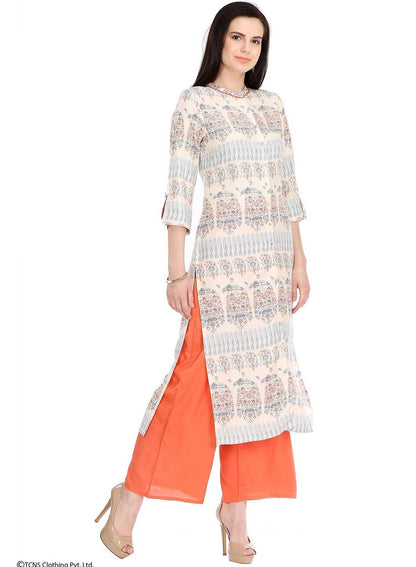 Beige Printed 3/4 Sleeve kurta - wforwoman