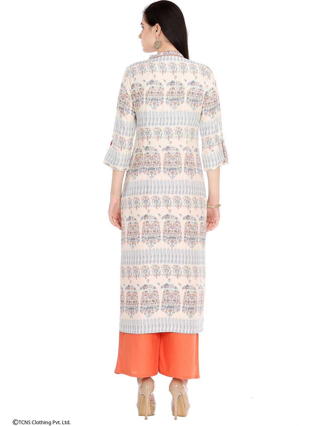 Beige Printed 3/4 Sleeve kurta - wforwoman