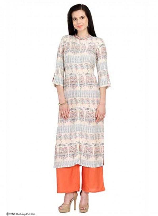 Beige Printed 3/4 Sleeve kurta - wforwoman