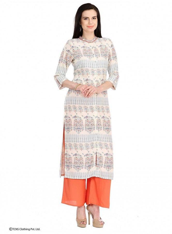 Beige Printed 3/4 Sleeve kurta - wforwoman