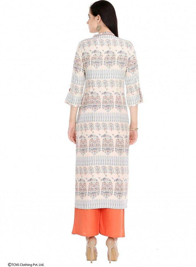 Beige Printed 3/4 Sleeve kurta - wforwoman