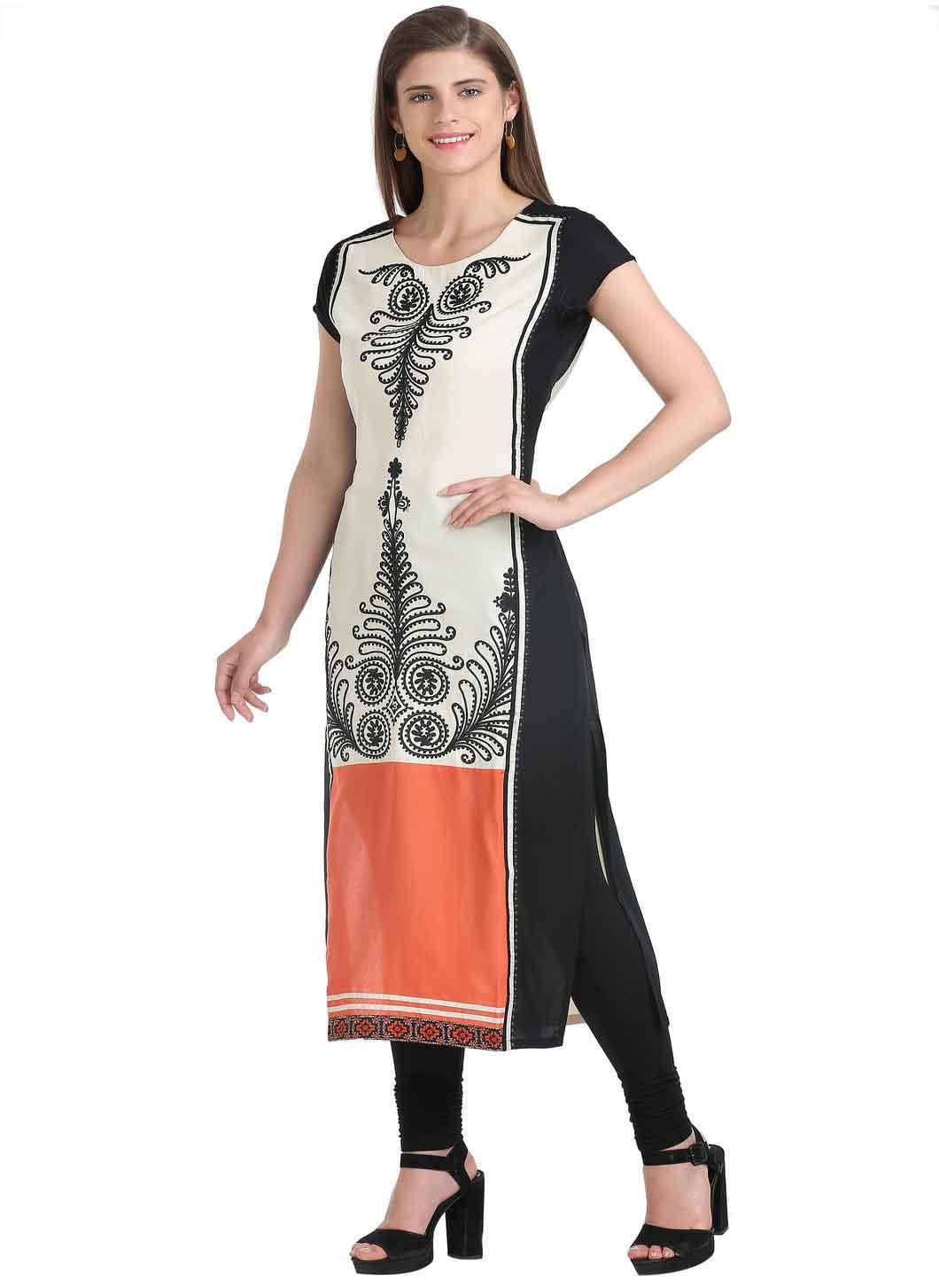 Beige &amp; Black Printed Short Sleeve kurta - wforwoman