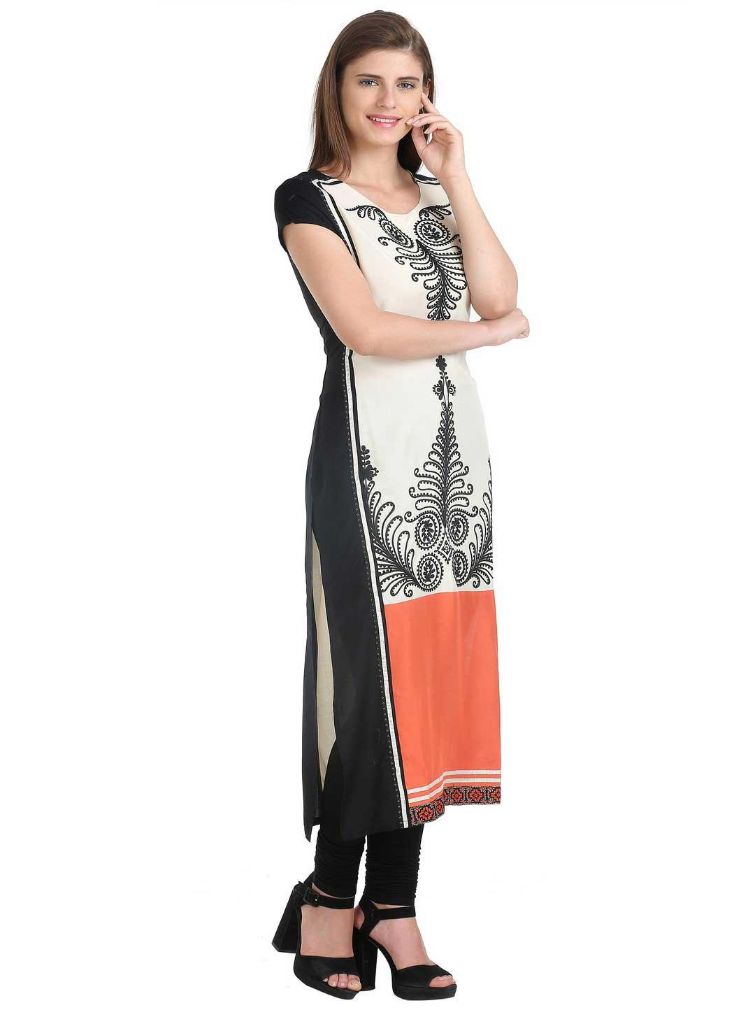 Beige &amp; Black Printed Short Sleeve kurta - wforwoman