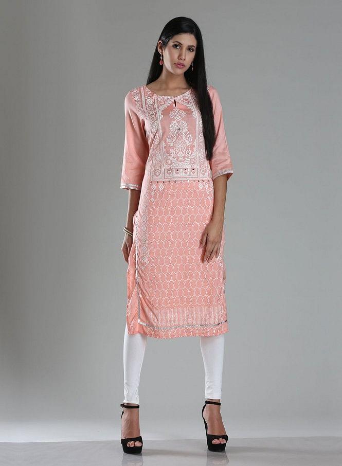 Pink Printed 3/4 Sleeve kurta - wforwoman