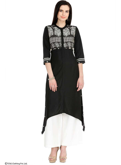 Black Printed 3/4 Sleeve kurta - wforwoman