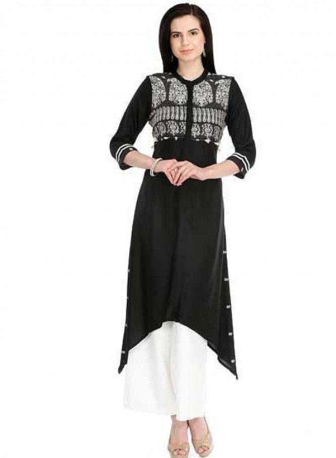 Black Printed 3/4 Sleeve kurta - wforwoman