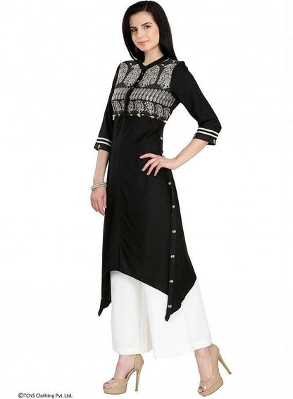 Black Printed 3/4 Sleeve kurta - wforwoman