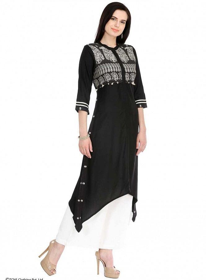 Black Printed 3/4 Sleeve kurta - wforwoman