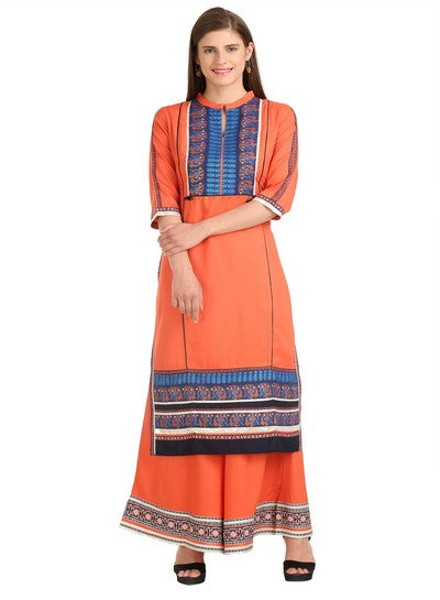 Orange 3/4 Sleeve Printed kurta