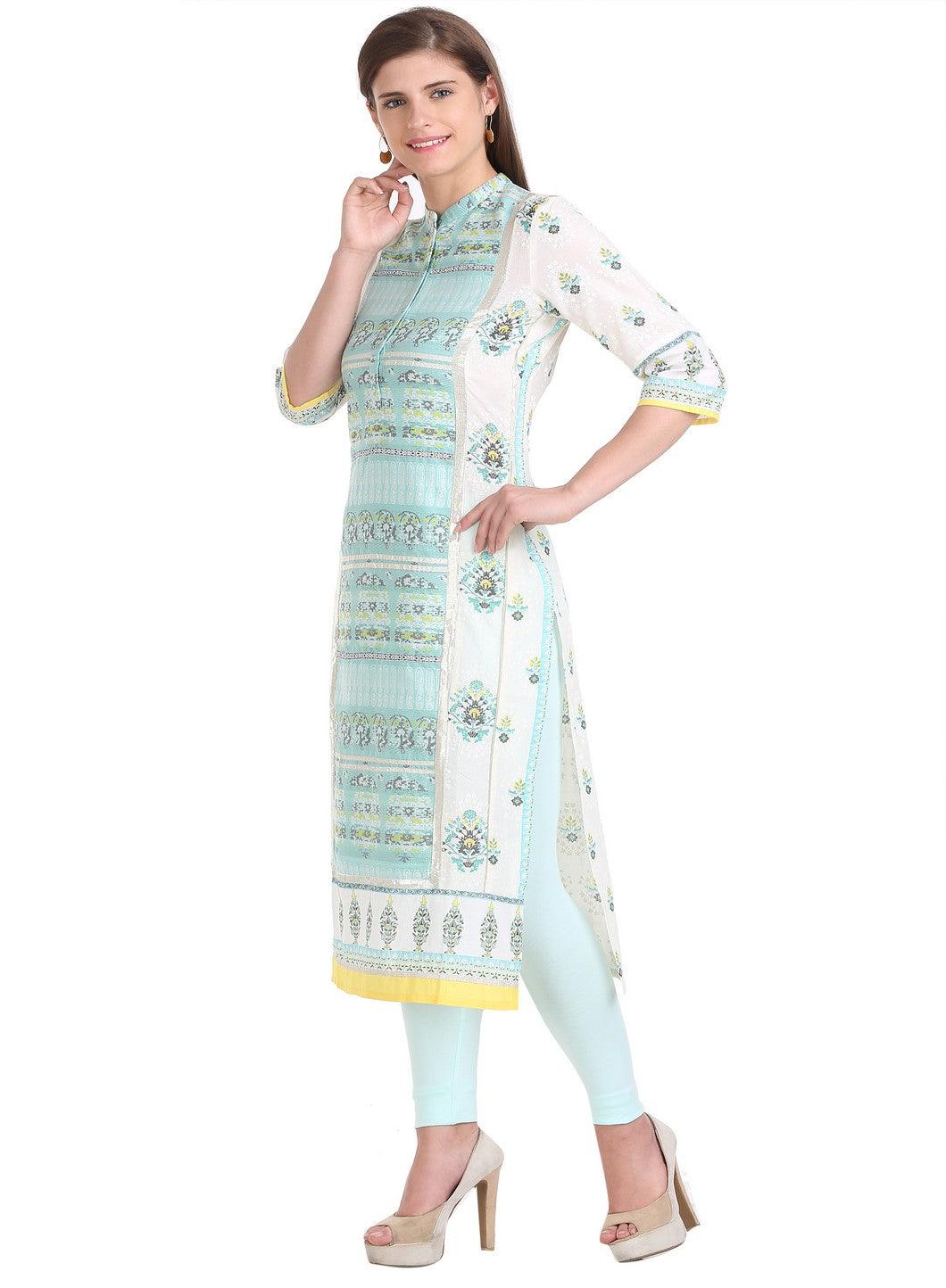 White &amp; Blue Mandarin Neck Printed kurta - wforwoman