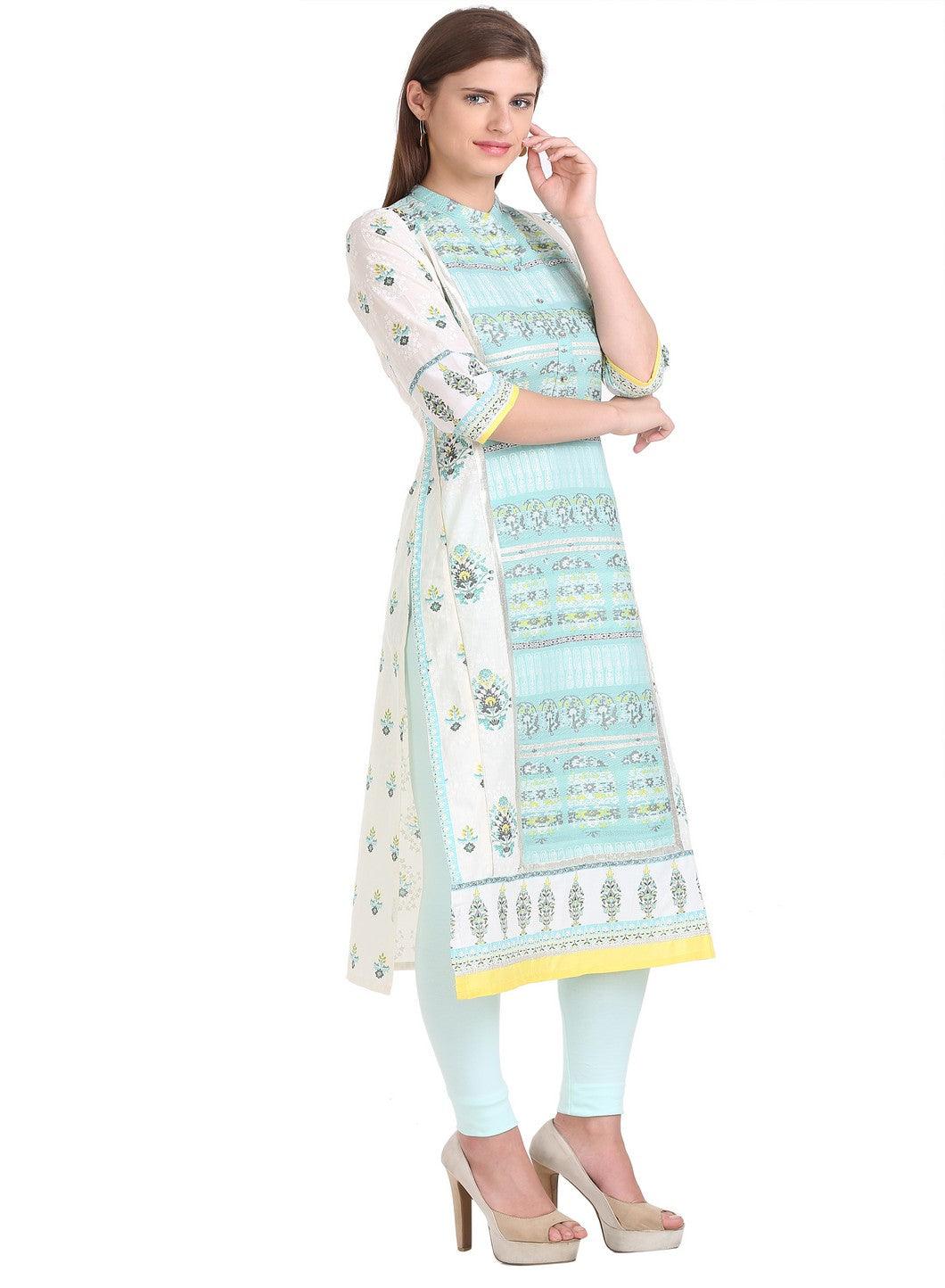 White &amp; Blue Mandarin Neck Printed kurta - wforwoman