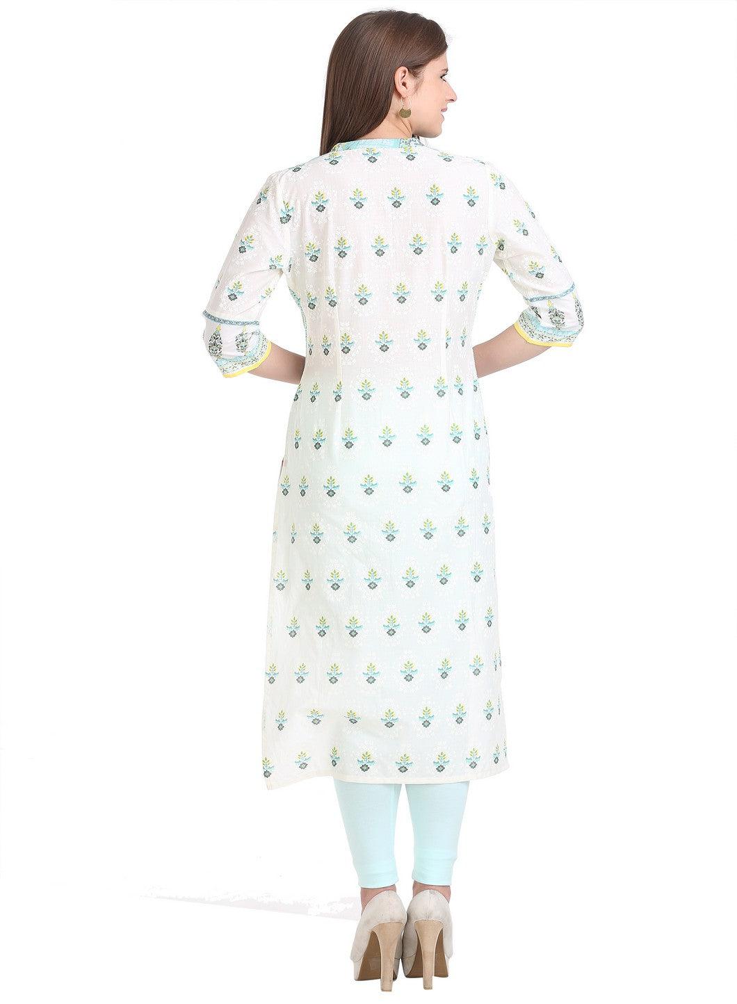 White &amp; Blue Mandarin Neck Printed kurta - wforwoman