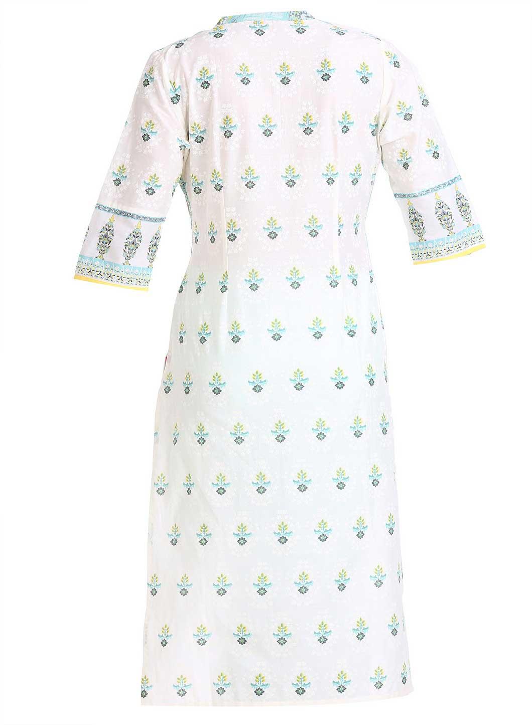 White &amp; Blue Mandarin Neck Printed kurta - wforwoman