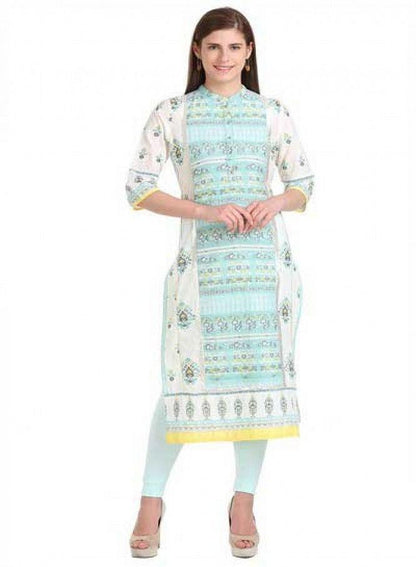 White &amp; Blue Mandarin Neck Printed kurta - wforwoman