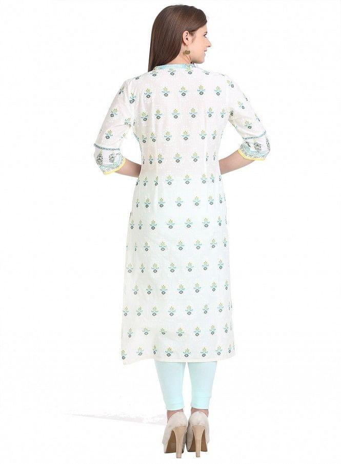 White &amp; Blue Mandarin Neck Printed kurta - wforwoman