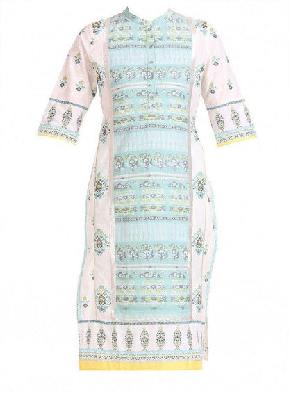 White &amp; Blue Mandarin Neck Printed kurta - wforwoman