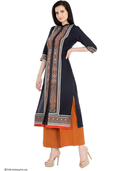 Blue Printed 3/4 Sleeve kurta - wforwoman