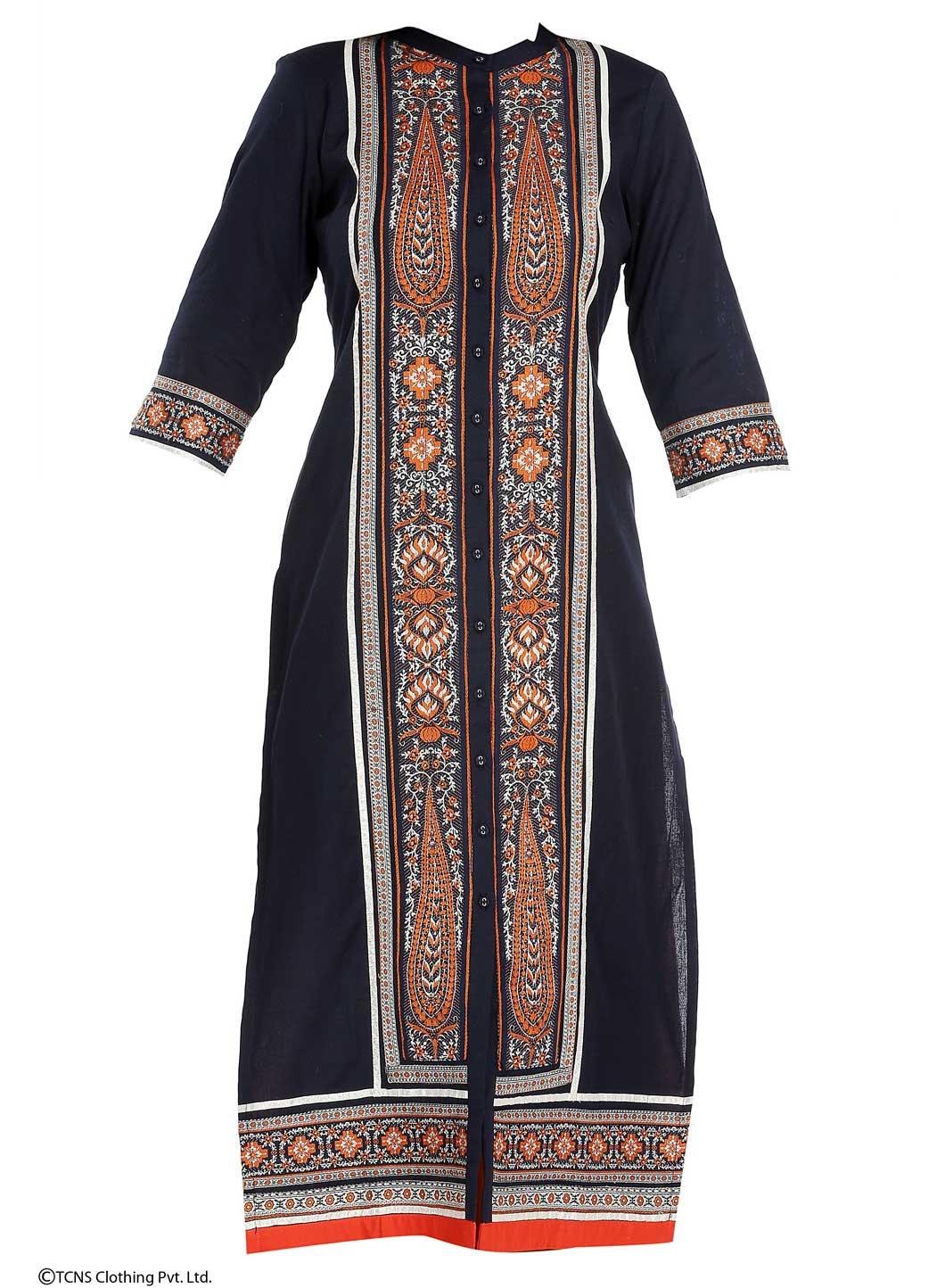 Blue Printed 3/4 Sleeve kurta - wforwoman