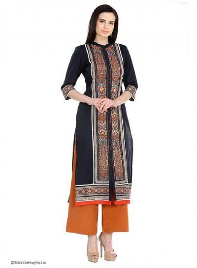 Blue Printed 3/4 Sleeve kurta - wforwoman