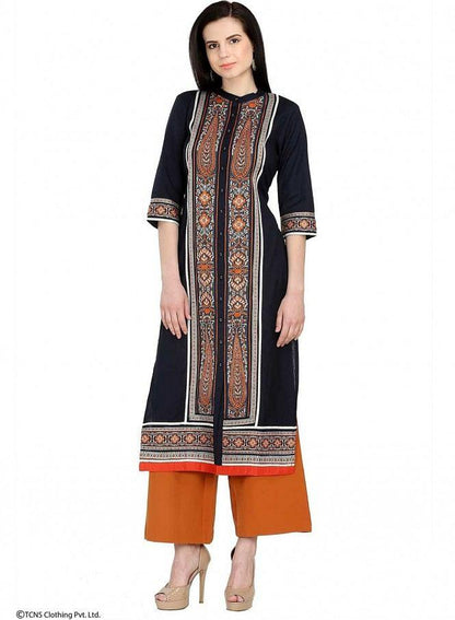 Blue Printed 3/4 Sleeve kurta - wforwoman