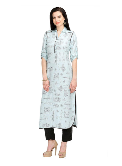 Blue Printed 3/4 Sleeve kurta - wforwoman