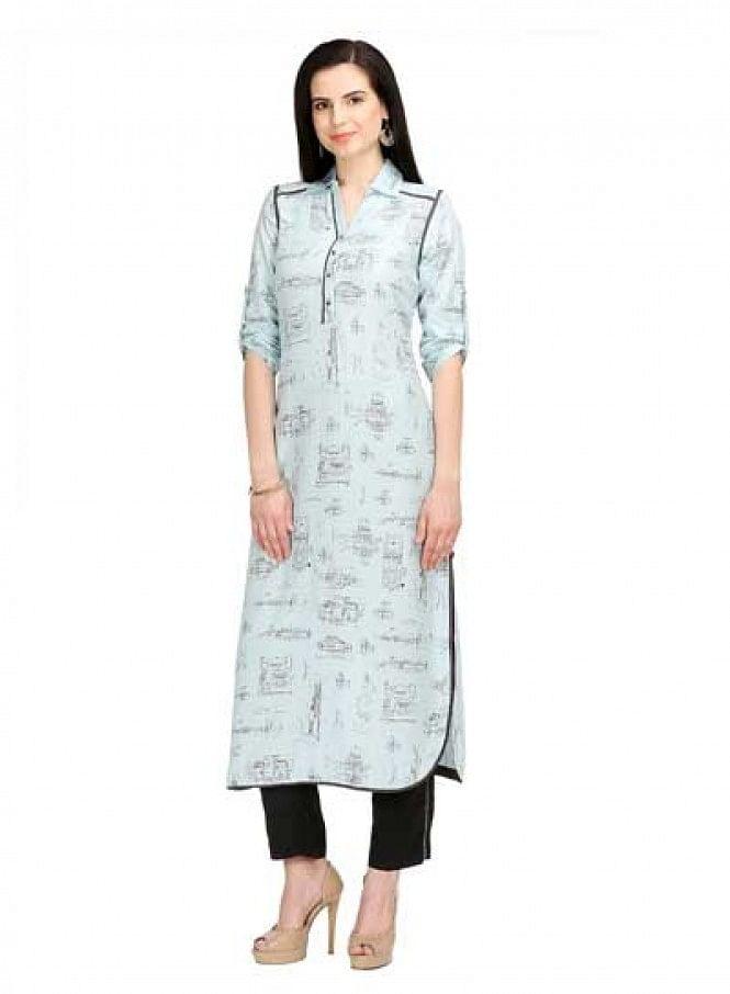 Blue Printed 3/4 Sleeve kurta - wforwoman