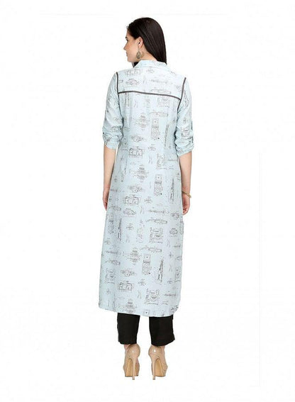 Blue Printed 3/4 Sleeve kurta - wforwoman