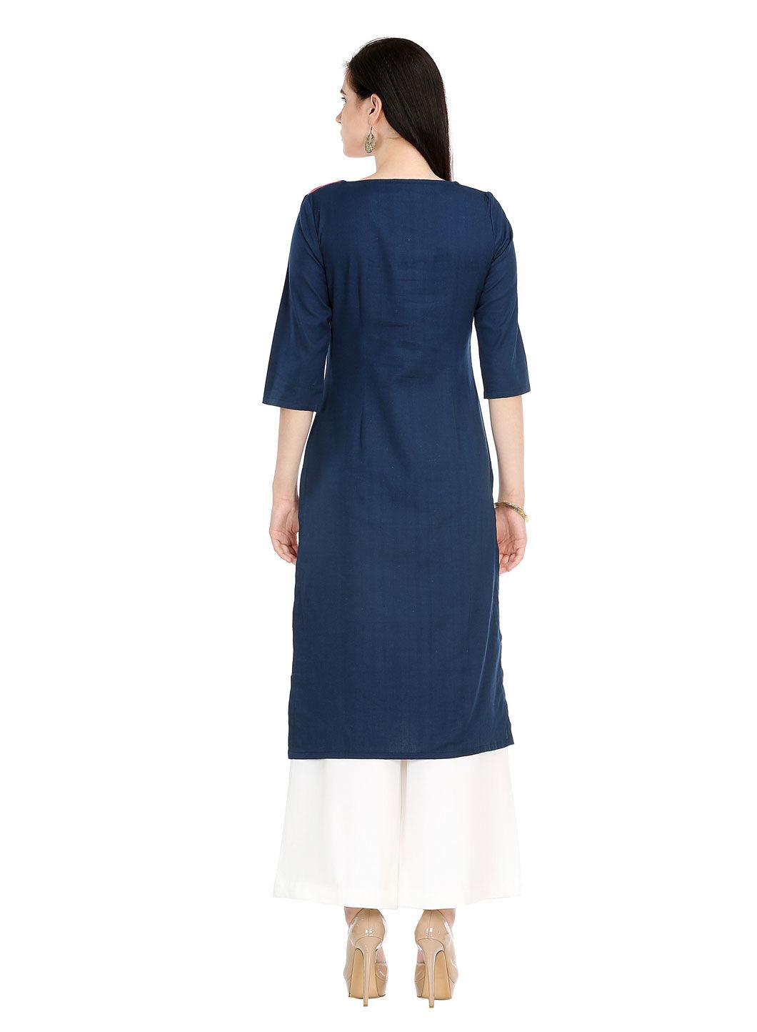 Blue Printed 3/4 Sleeve kurta - wforwoman